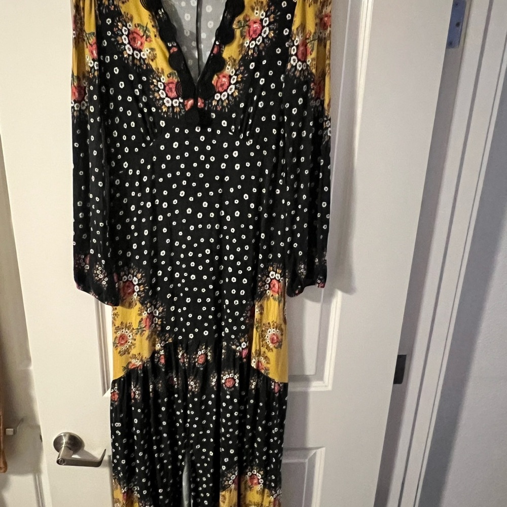 FARM Rio Black Polka Dot Maxi Dress with Yellow Floral Accents